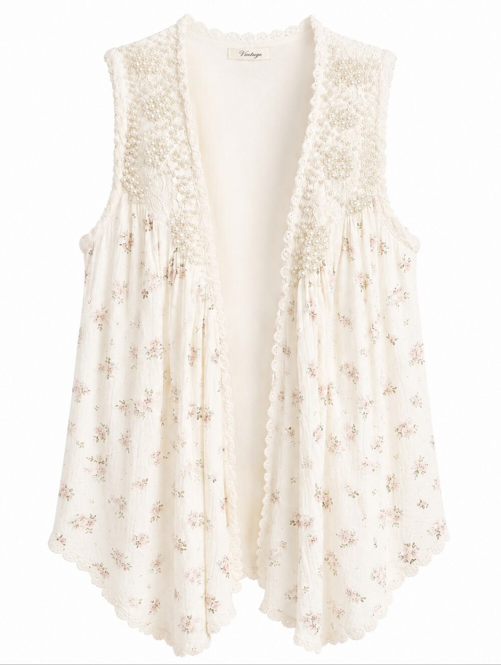 POL Ultra Bohemian Beaded Pearl And Lace Floral Feminine Vest. SZ: L Cream, Pink